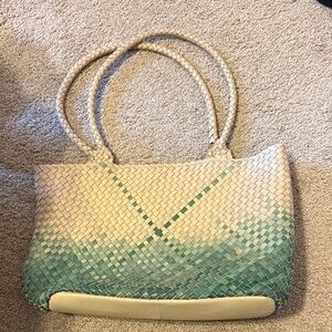 Woven Leather Tote Bag - Cream and Spring Green